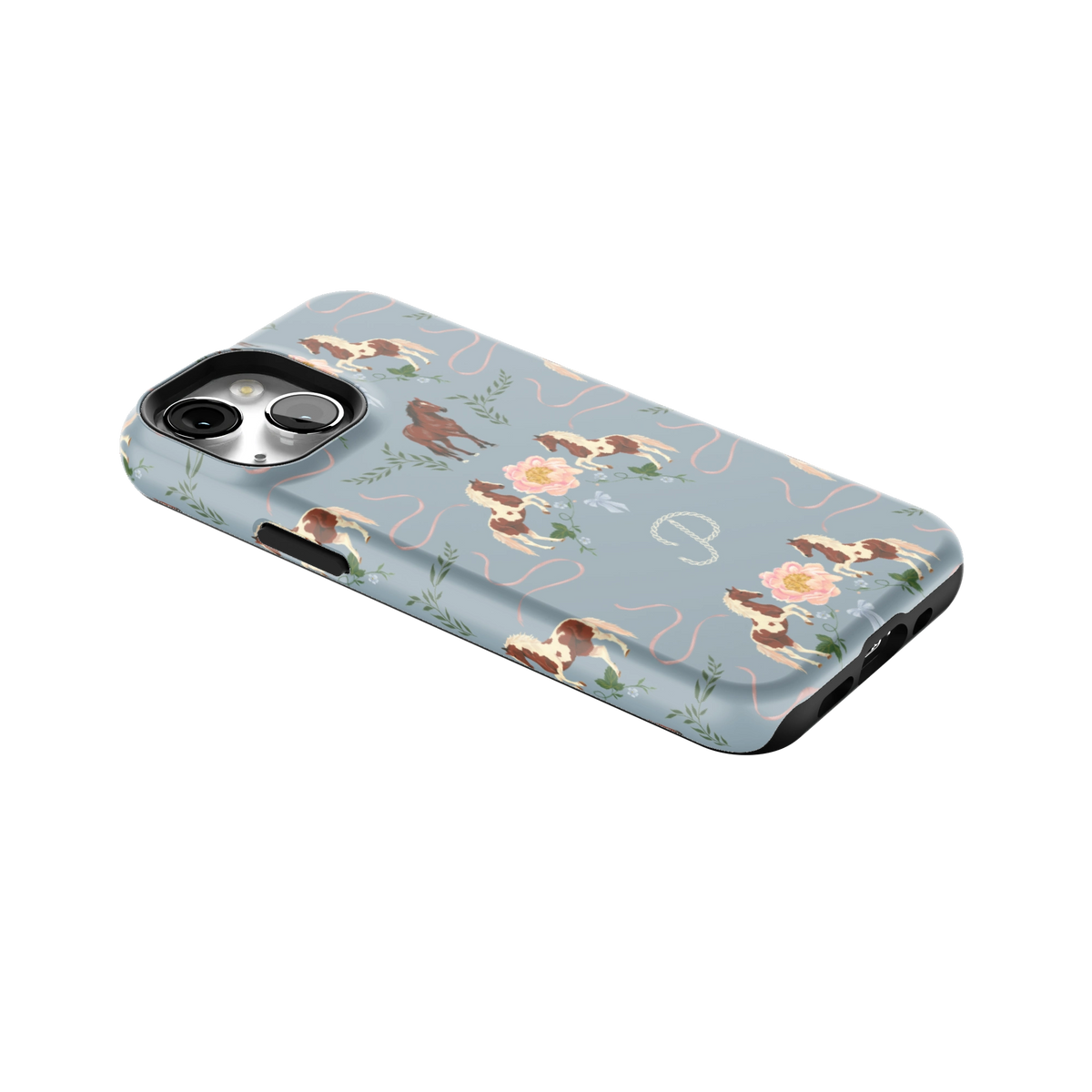 Prairie Personalized iPhone 13 mini case lying at an angle, showing the side buttons and print wrapping the edges
