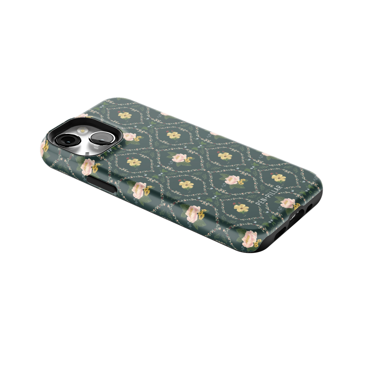 Meadow iPhone 13 mini case lying at an angle, showing the side buttons and print wrapping the edges