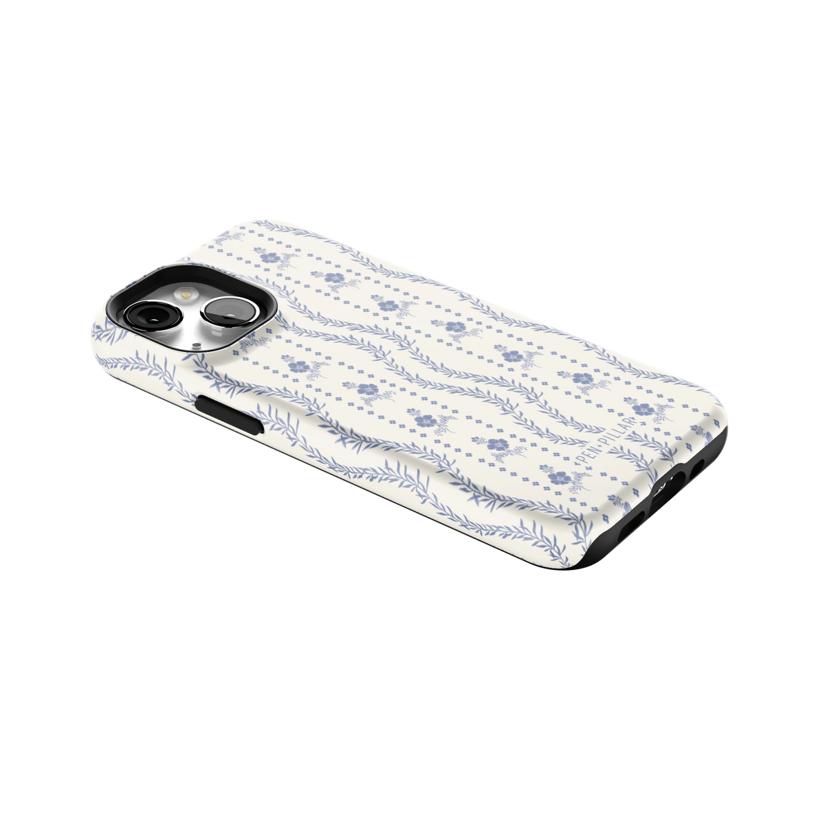 Riviera iPhone 13 mini case lying at an angle, showing the side buttons and print wrapping the edges