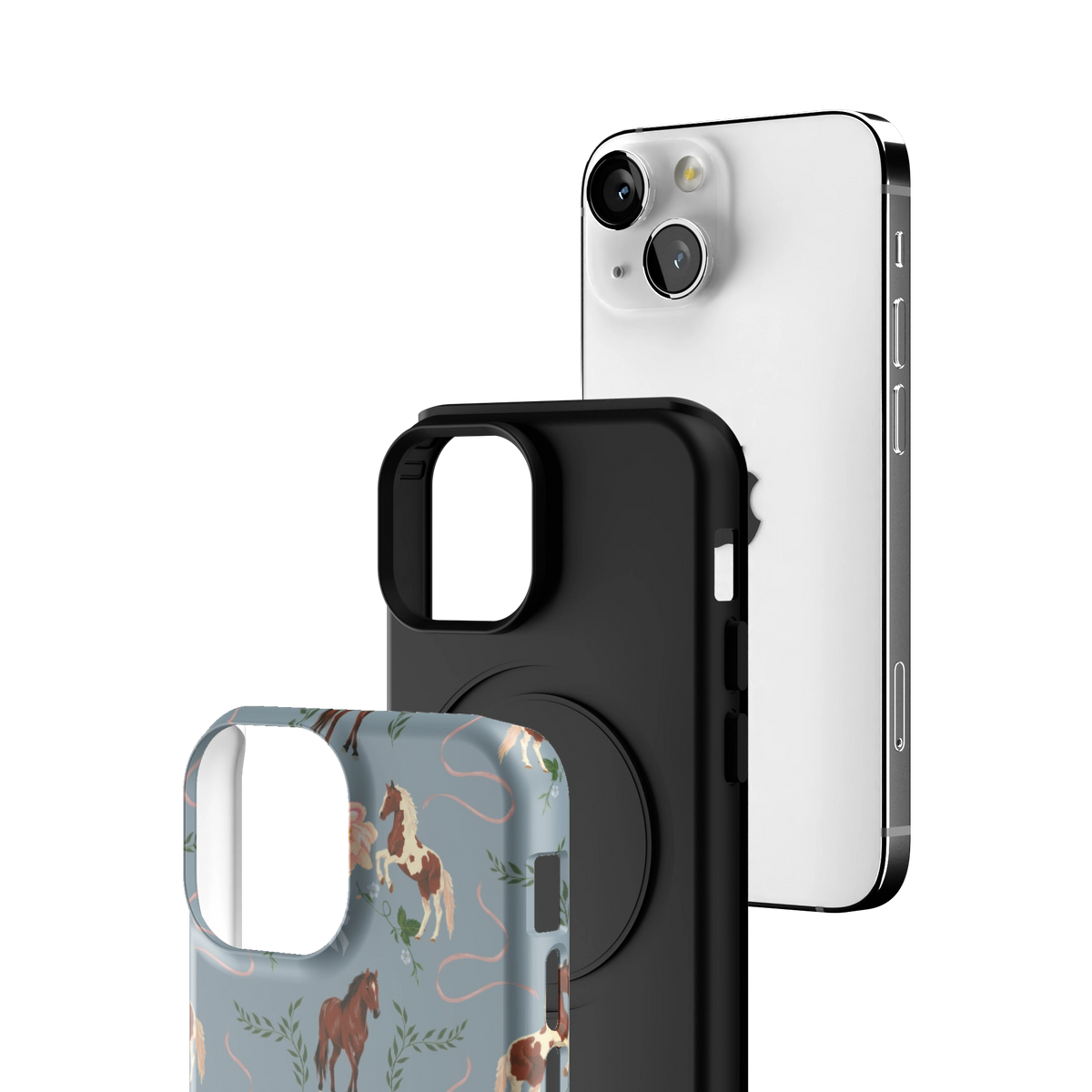 Exploded view of the Prairie Personalized iPhone 13 mini case: printed shell, black inner layer with MagSafe ring, and phone