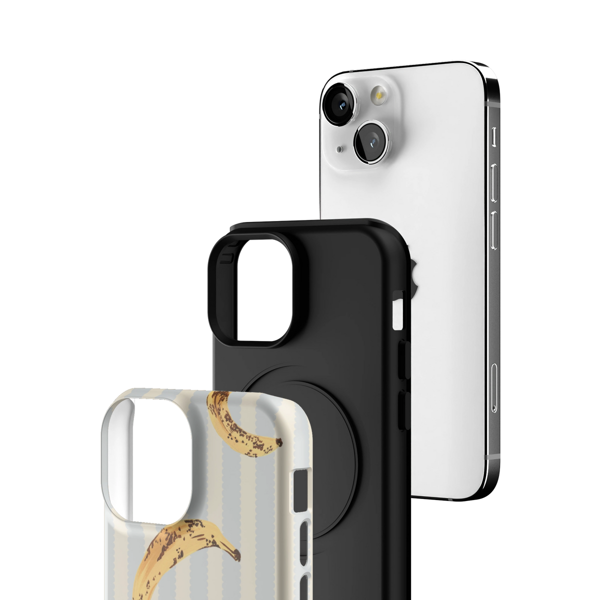 Exploded view of the Striped Bananas Personalized iPhone 13 mini case: printed shell, black inner layer with MagSafe ring, and phone
