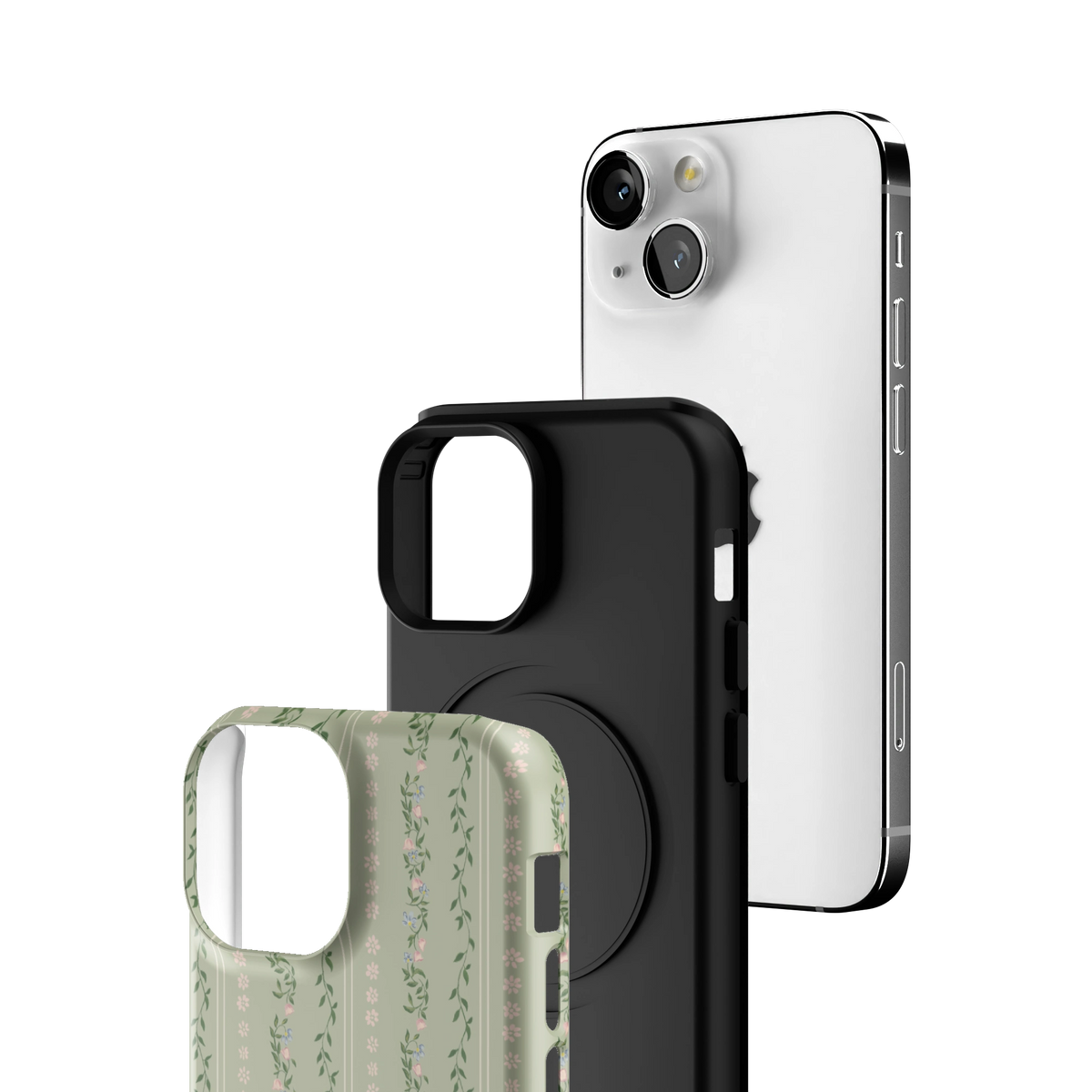 Exploded view of the Camellia iPhone 13 mini case: printed shell, black inner layer with MagSafe ring, and phone
