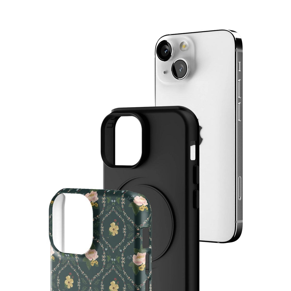 Exploded view of the Meadow iPhone 13 mini case: printed shell, black inner layer with MagSafe ring, and phone
