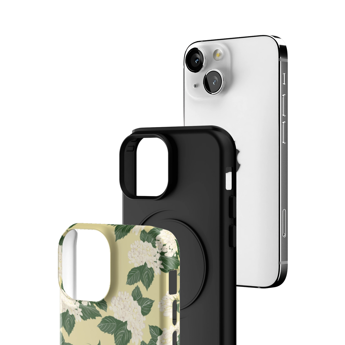 Exploded view of the Hydrangea iPhone 13 mini case: printed shell, black inner layer with MagSafe ring, and phone