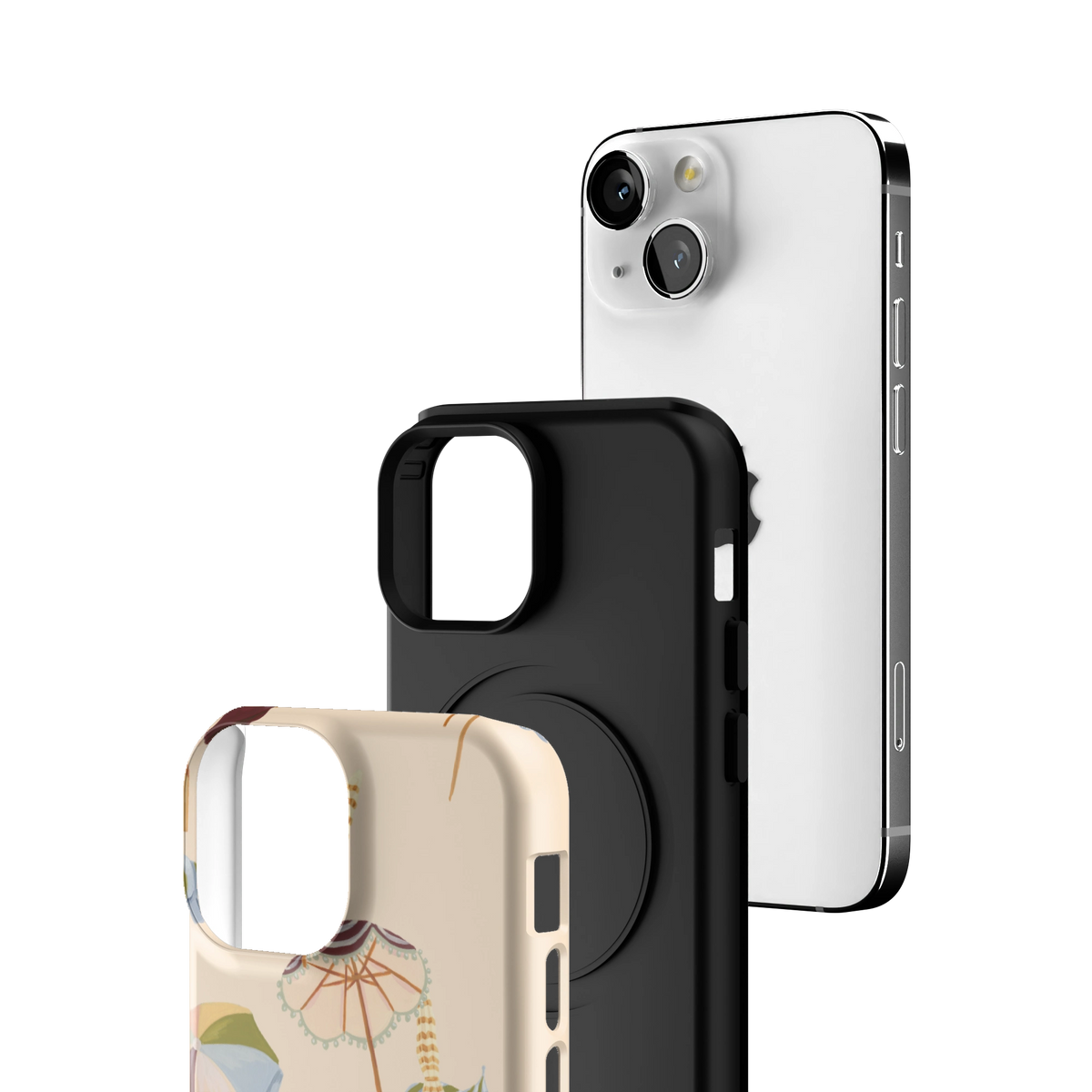 Exploded view of the Umbrellas Personalized iPhone 13 mini case: printed shell, black inner layer with MagSafe ring, and phone