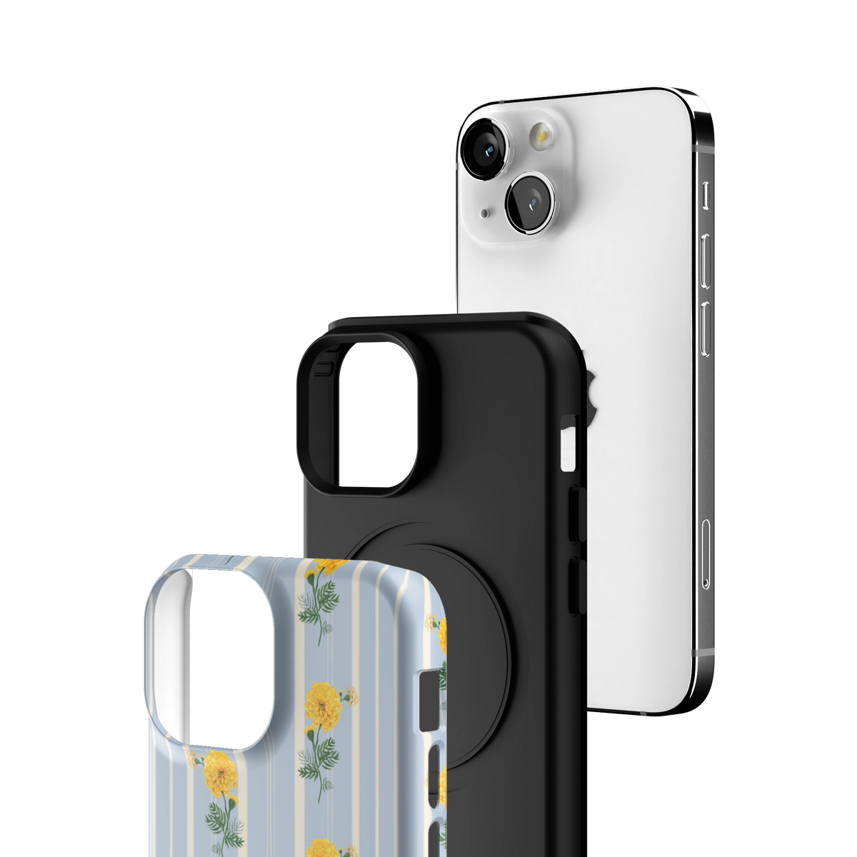 Exploded view of the October Birth Month iPhone 13 mini case: printed shell, black inner layer with MagSafe ring, and phone