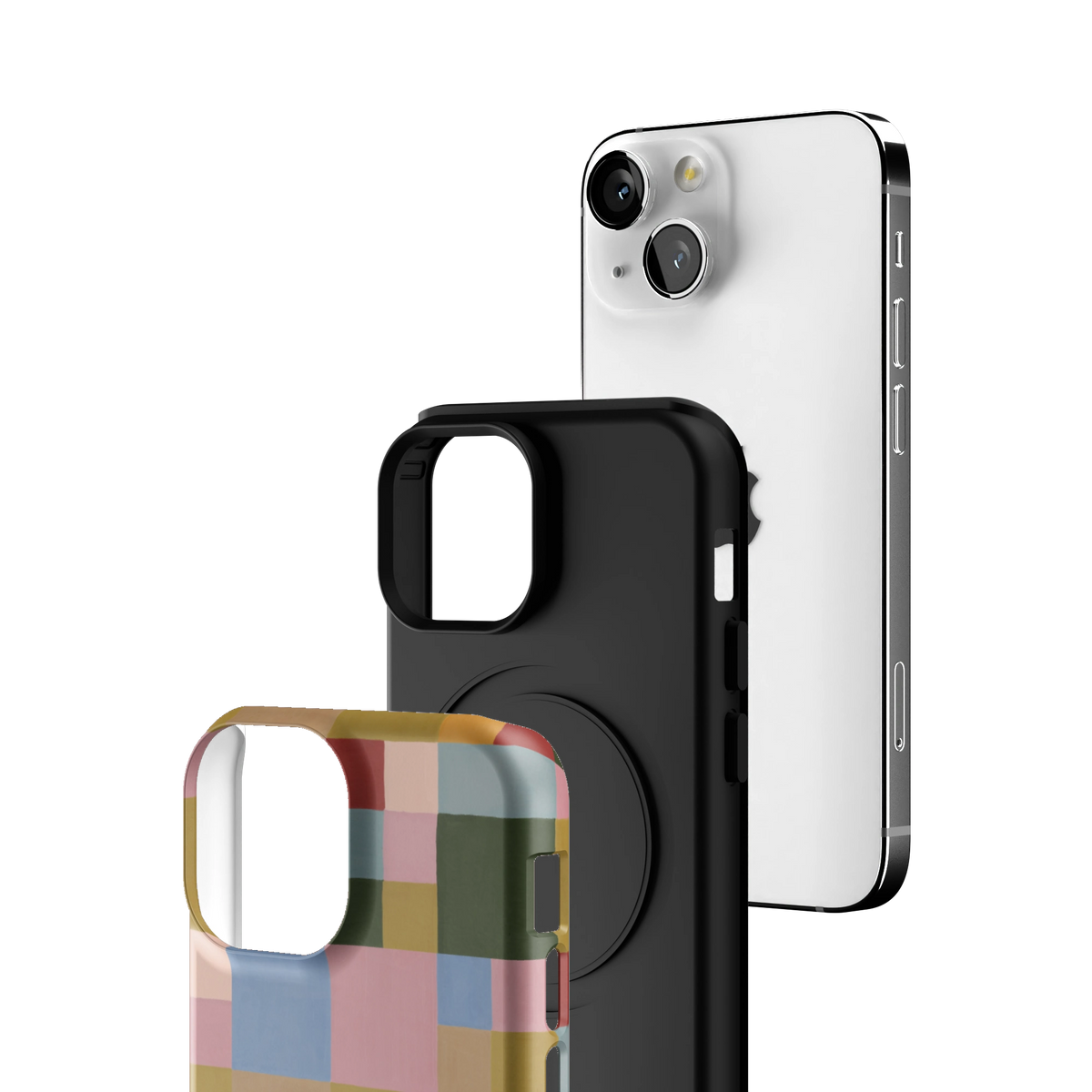 Exploded view of the Colorblock iPhone 13 mini case: printed shell, black inner layer with MagSafe ring, and phone