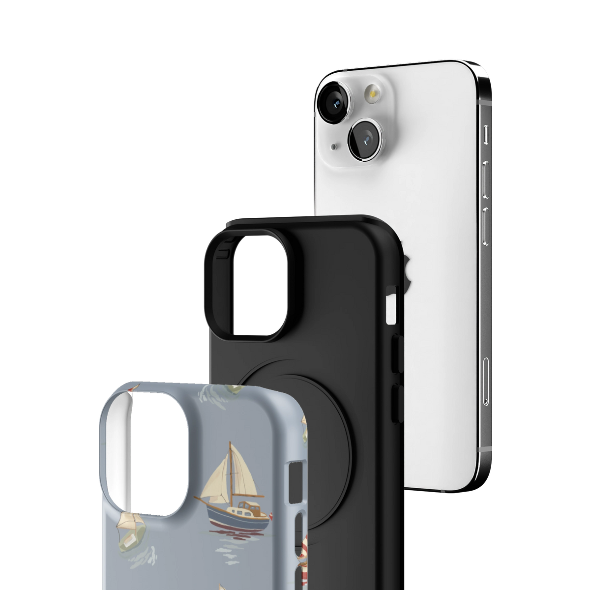Exploded view of the Harbor iPhone 13 mini case: printed shell, black inner layer with MagSafe ring, and phone