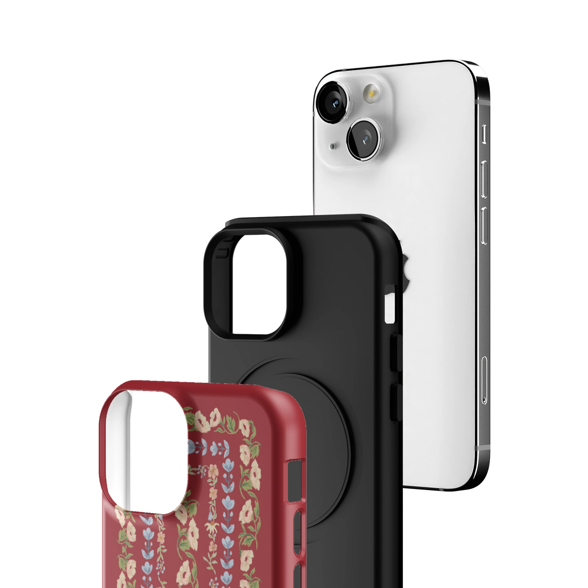 Exploded view of the Fiona iPhone 13 mini case: printed shell, black inner layer with MagSafe ring, and phone