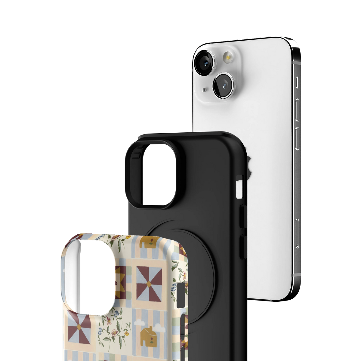 Exploded view of the Pinwheel Personalized iPhone 13 mini case: printed shell, black inner layer with MagSafe ring, and phone