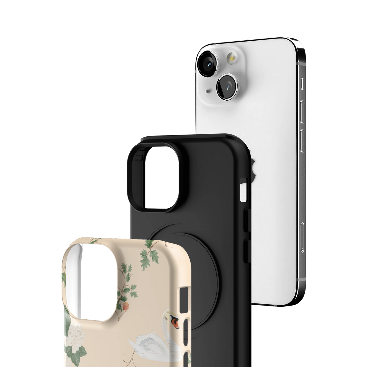Exploded view of the Swan Hollow iPhone 13 mini case: printed shell, black inner layer with MagSafe ring, and phone
