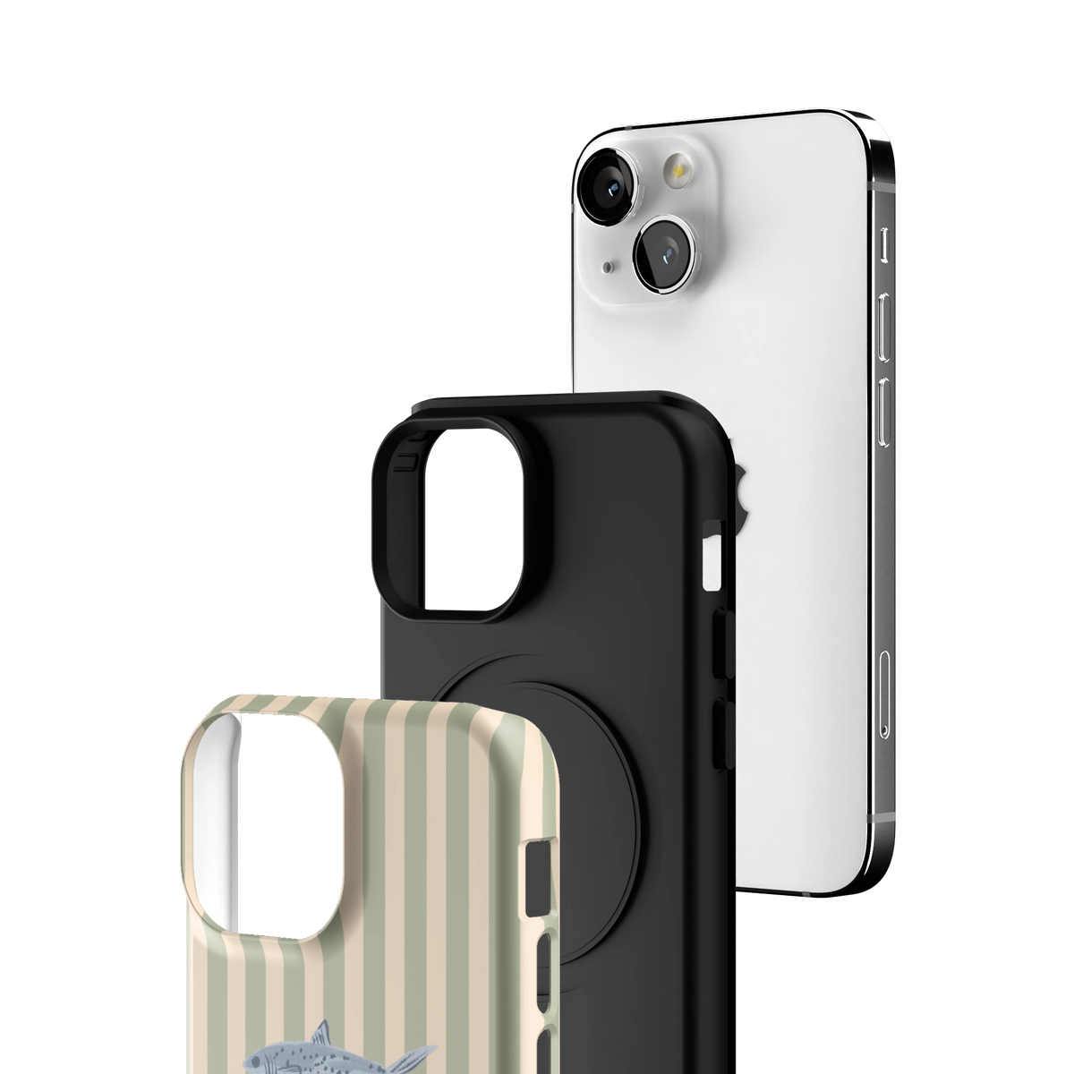 Exploded view of the Sea Stripes Personalized iPhone 13 mini case: printed shell, black inner layer with MagSafe ring, and phone