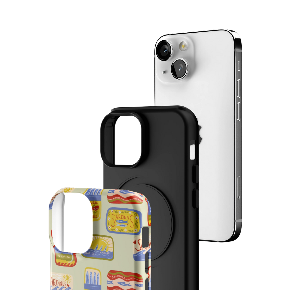 Exploded view of the Sardines iPhone 13 mini case: printed shell, black inner layer with MagSafe ring, and phone