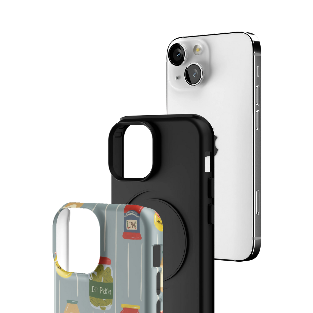 Exploded view of the Preserves Personalized iPhone 13 mini case: printed shell, black inner layer with MagSafe ring, and phone