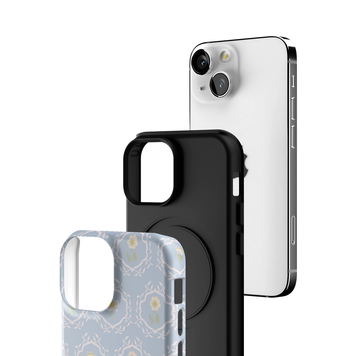 Exploded view of the Merrigold iPhone 13 mini case: printed shell, black inner layer with MagSafe ring, and phone