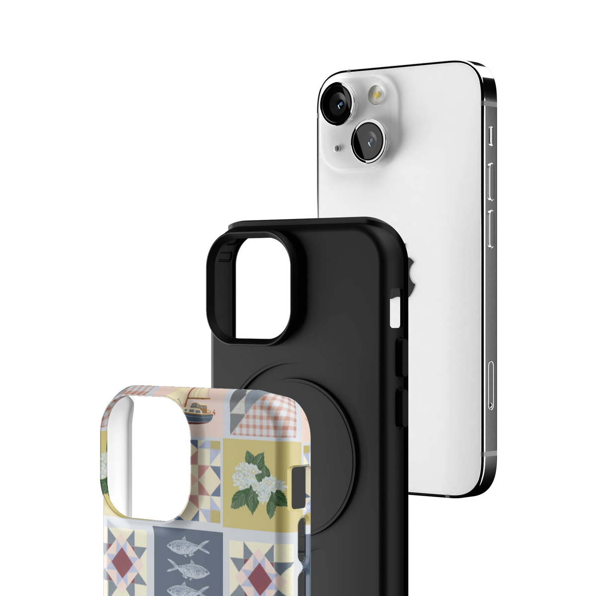 Exploded view of the Coastal Quilt iPhone 13 mini case: printed shell, black inner layer with MagSafe ring, and phone