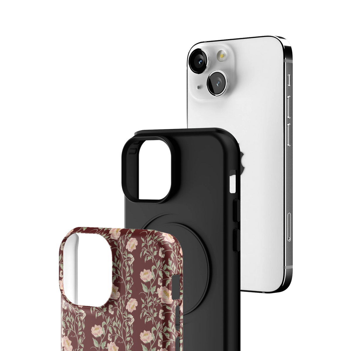 Exploded view of the Thicket iPhone 13 mini case: printed shell, black inner layer with MagSafe ring, and phone