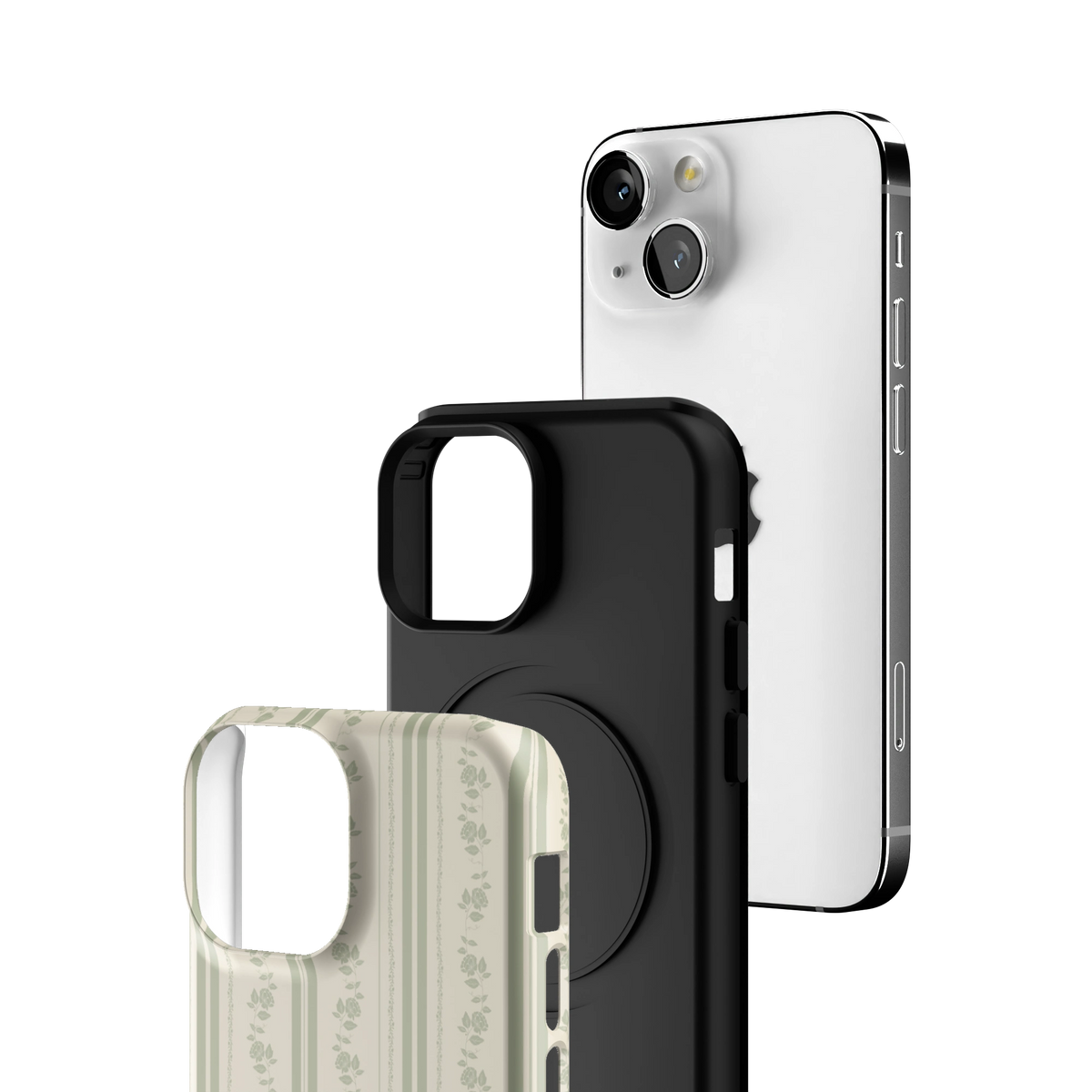 Exploded view of the Roselle iPhone 13 mini case: printed shell, black inner layer with MagSafe ring, and phone