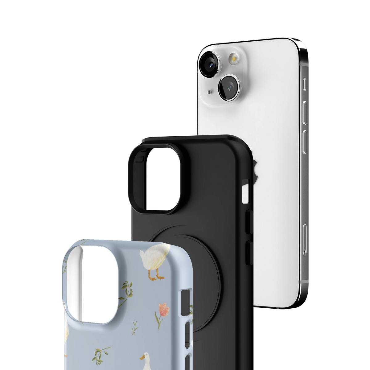 Exploded view of the Ducks iPhone 13 mini case: printed shell, black inner layer with MagSafe ring, and phone