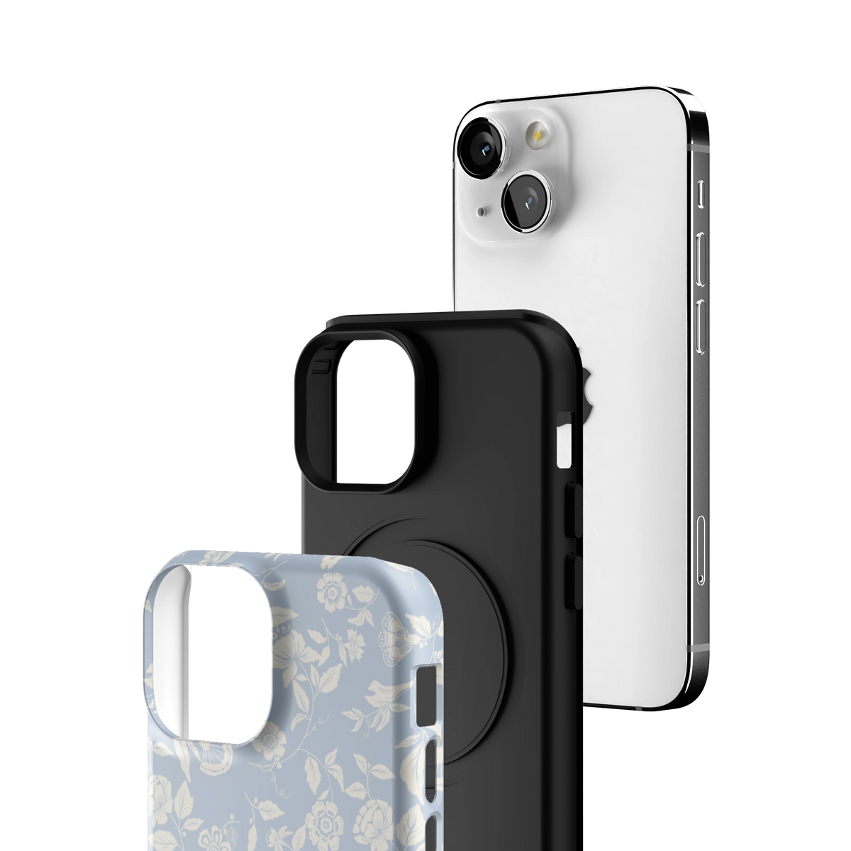 Exploded view of the Spritz iPhone 13 mini case: printed shell, black inner layer with MagSafe ring, and phone