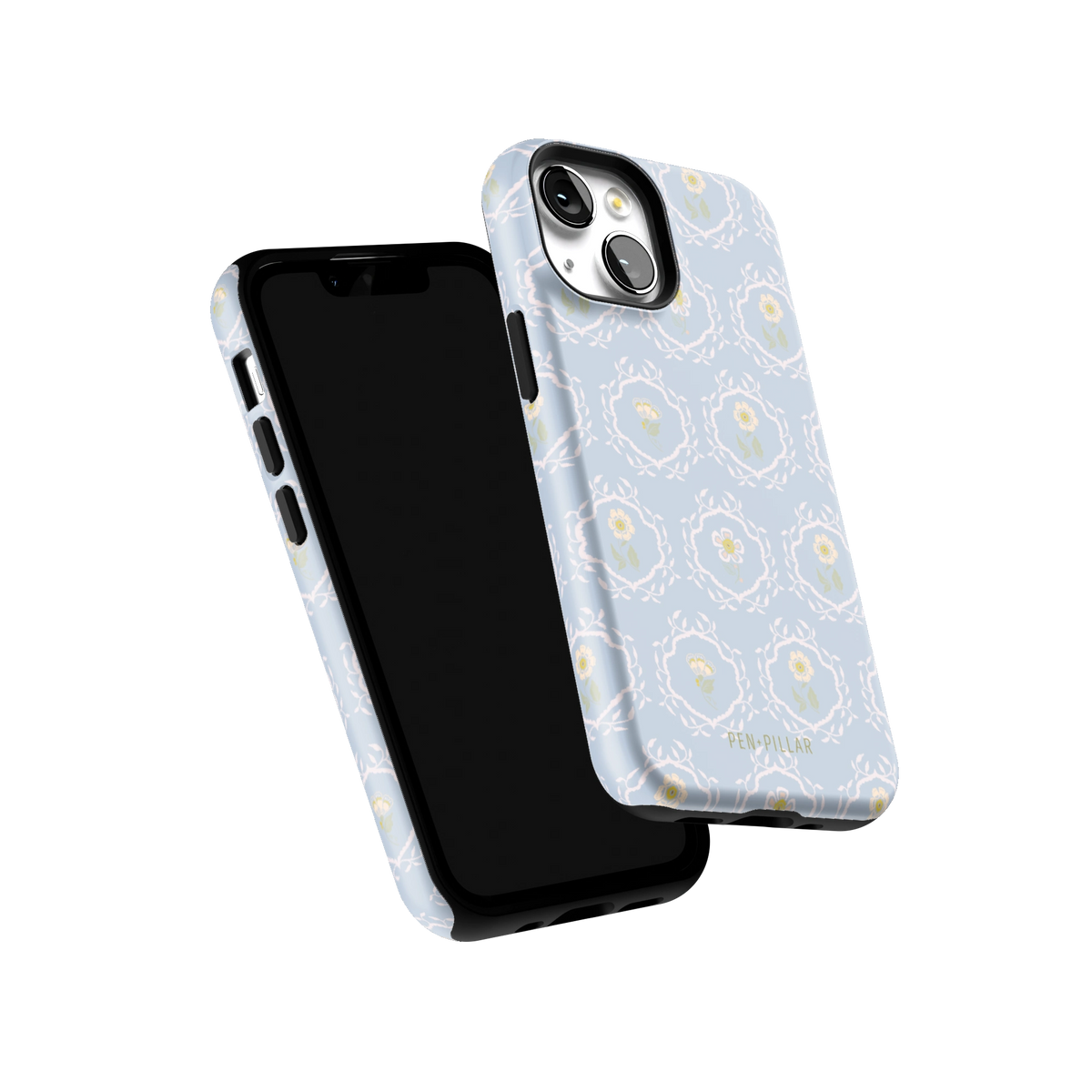 Merrigold iPhone 13 mini case tilted to show the raised edges around the screen and camera