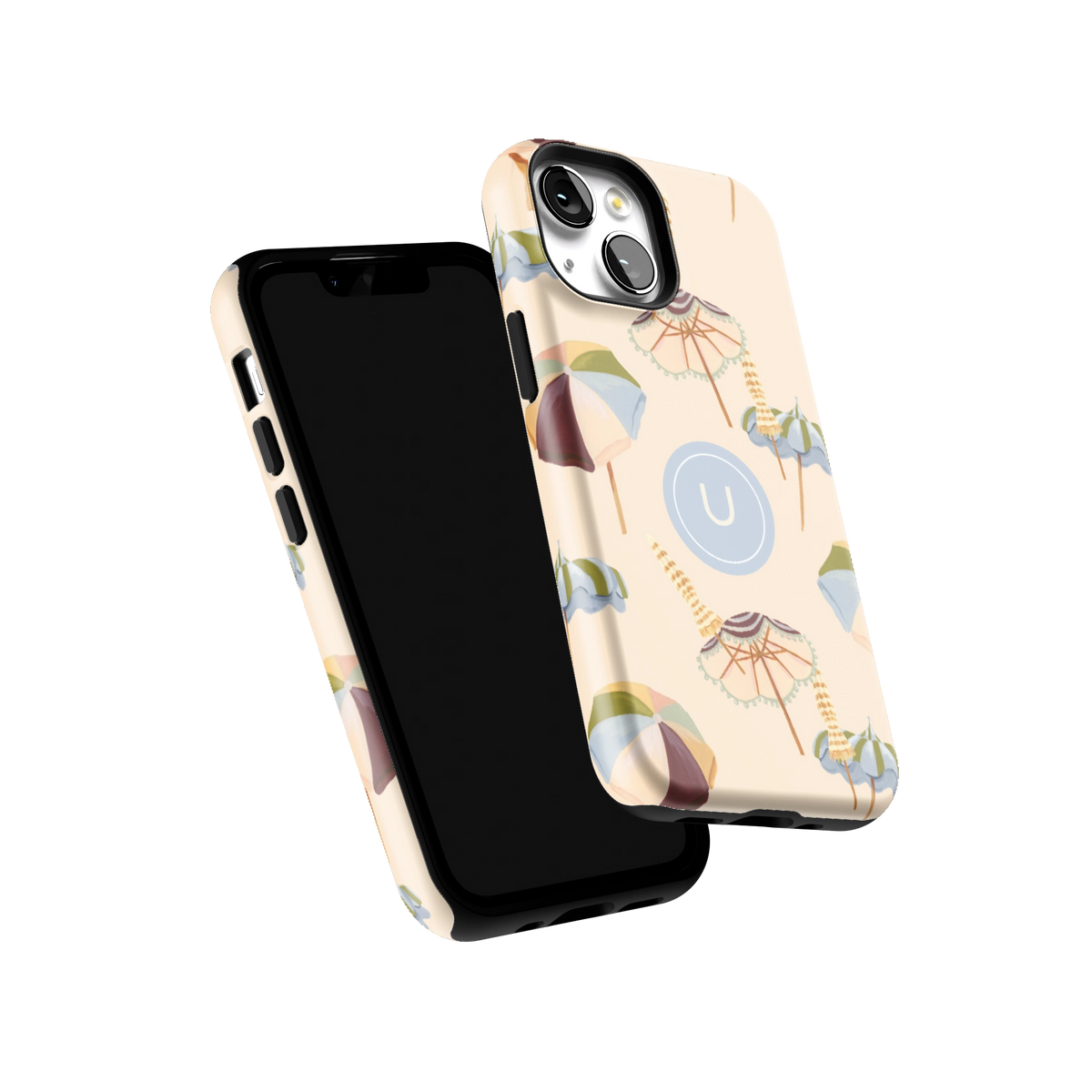 Umbrellas Personalized iPhone 13 mini case tilted to show the raised edges around the screen and camera