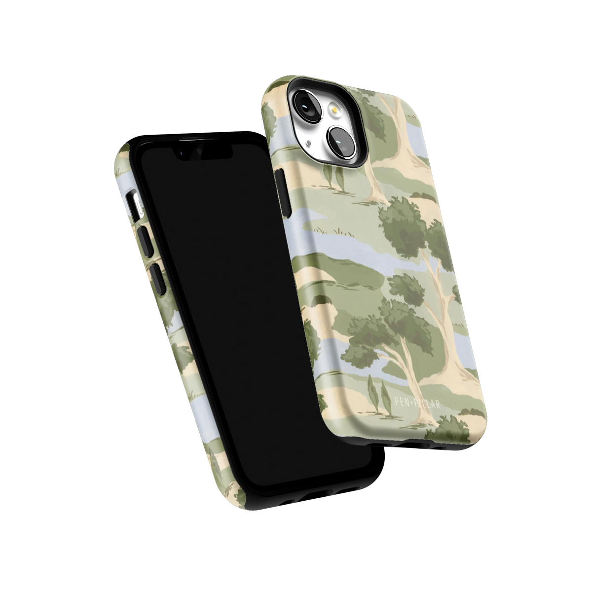Orchard iPhone 13 mini case tilted to show the raised edges around the screen and camera