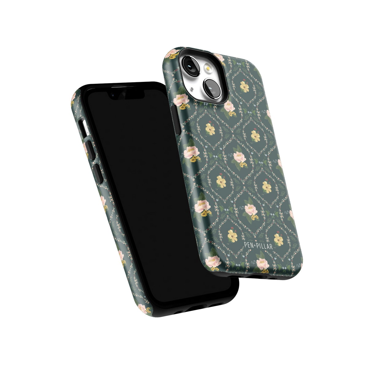 Meadow iPhone 13 mini case tilted to show the raised edges around the screen and camera