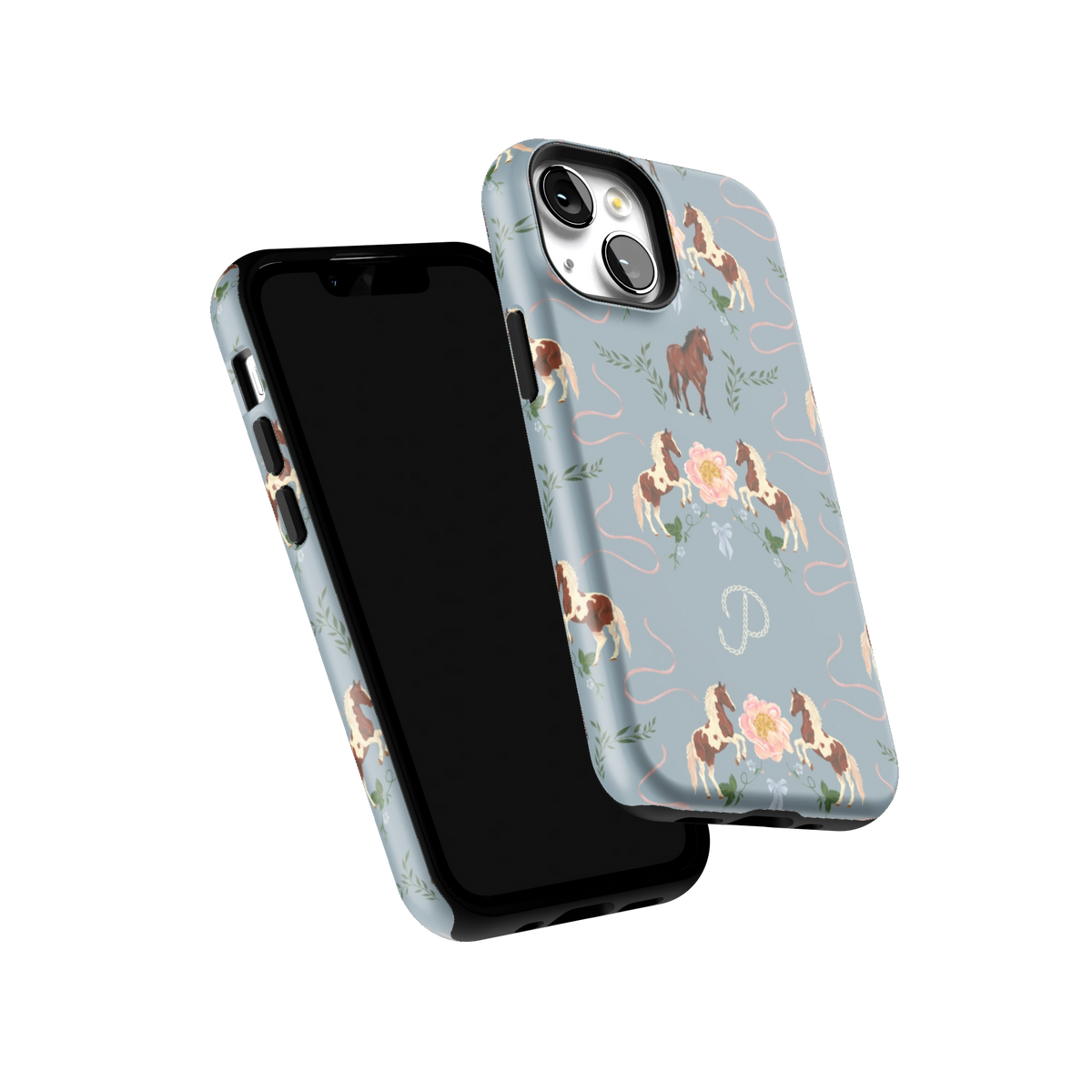 Prairie Personalized iPhone 13 mini case tilted to show the raised edges around the screen and camera