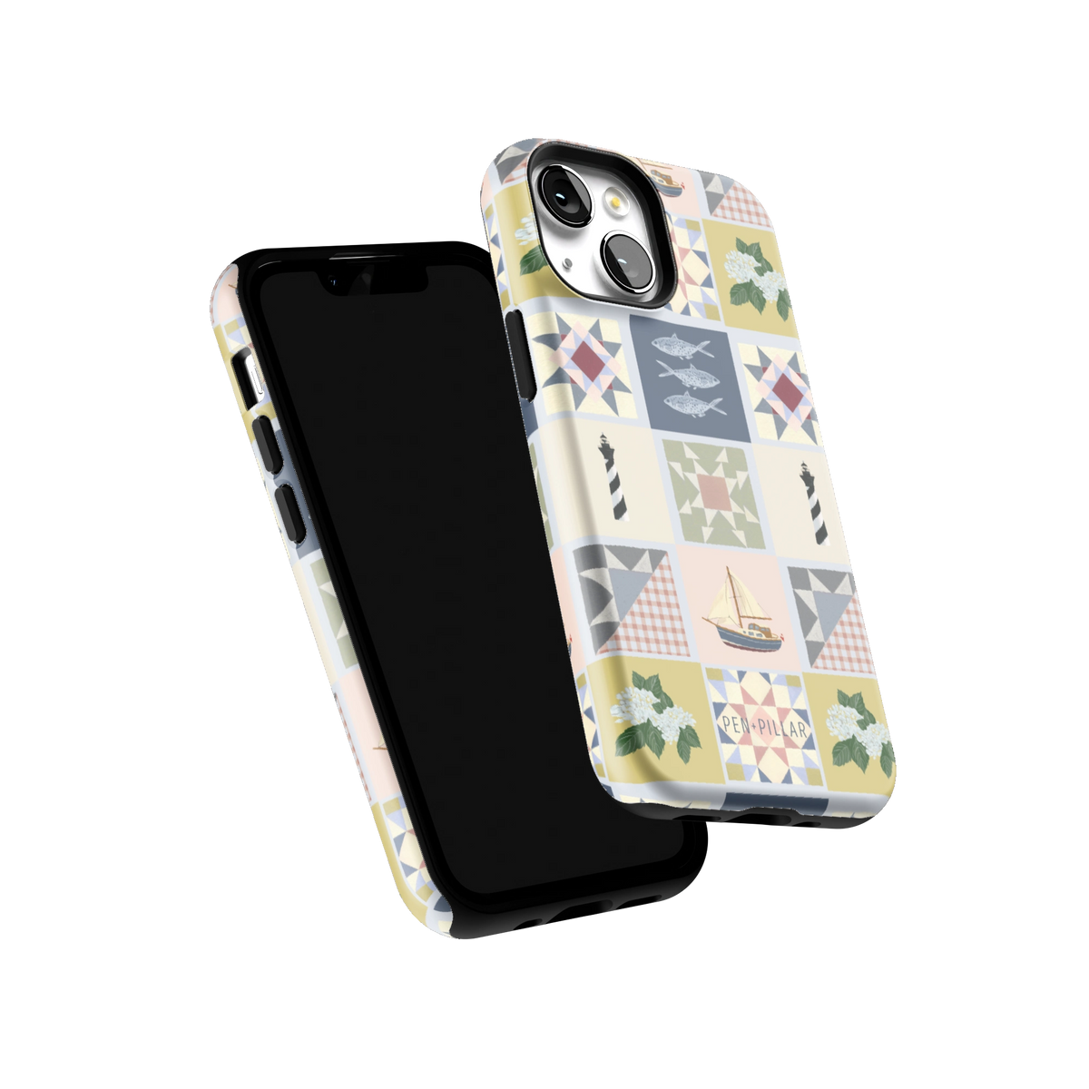 Coastal Quilt iPhone 13 mini case tilted to show the raised edges around the screen and camera