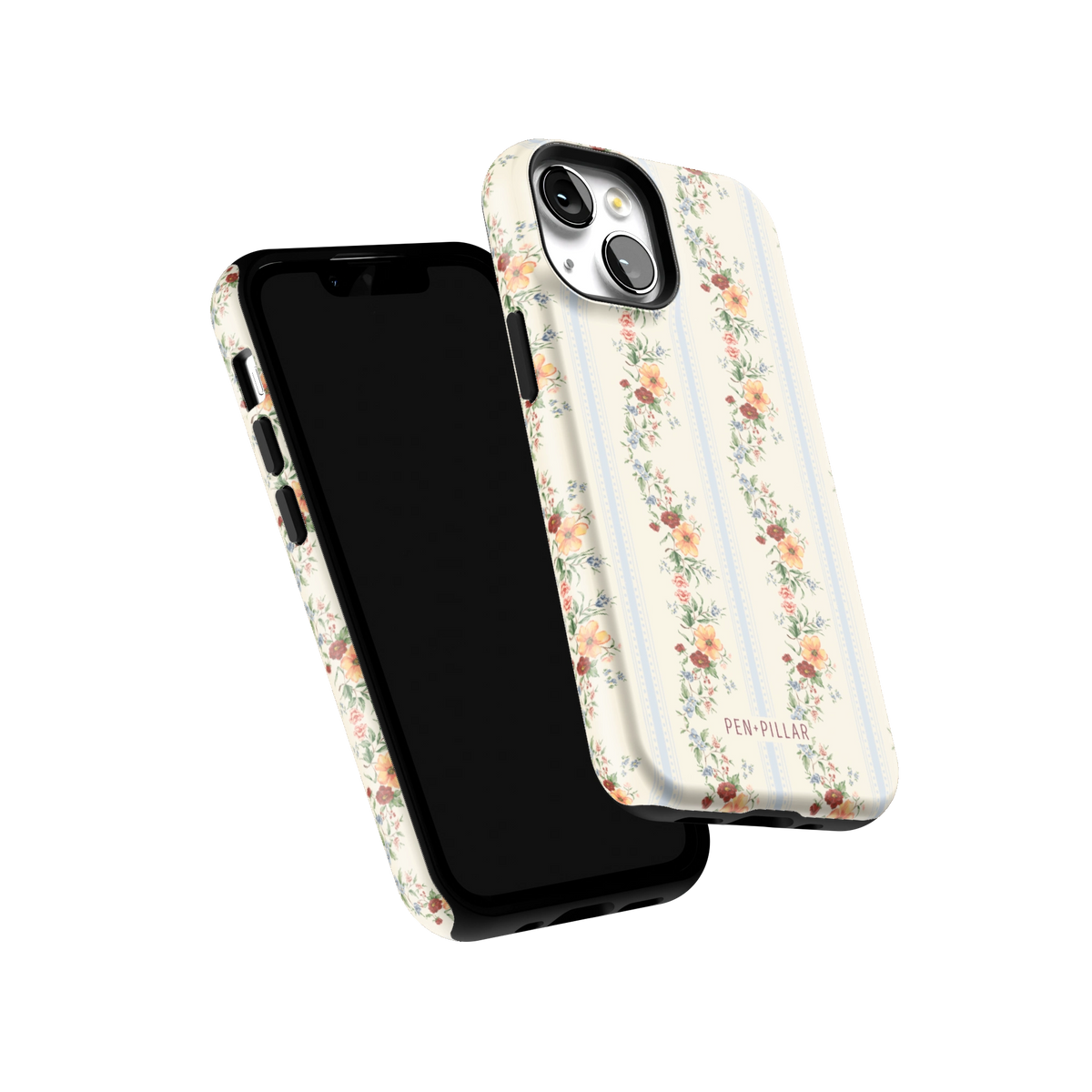 Wallflower iPhone 13 mini case tilted to show the raised edges around the screen and camera