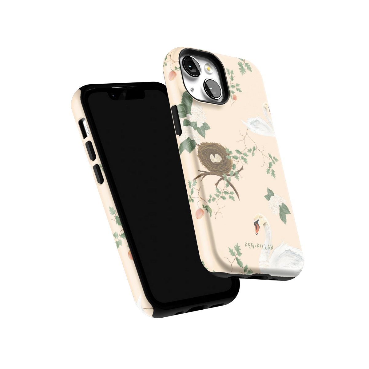Swan Hollow iPhone 13 mini case tilted to show the raised edges around the screen and camera
