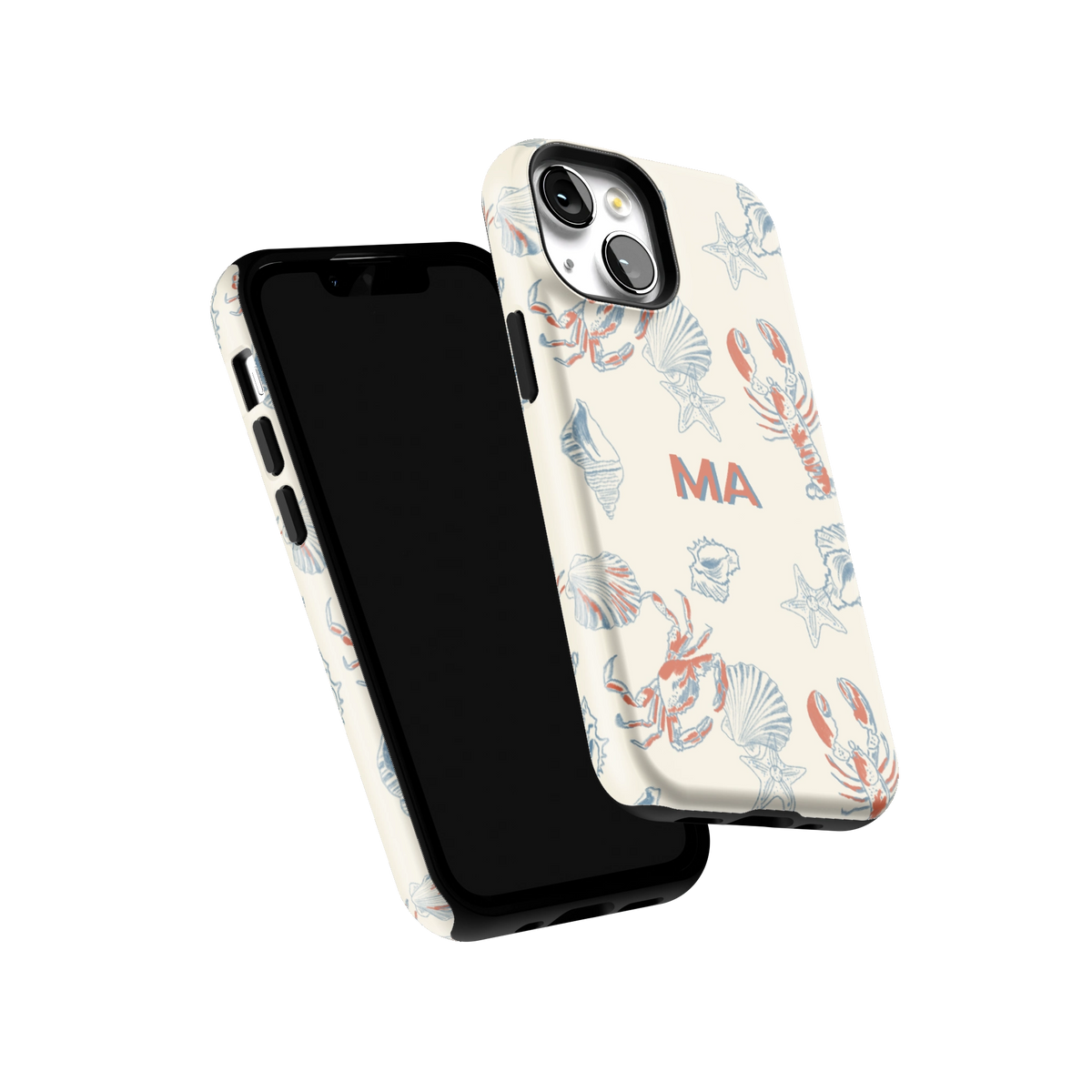Mariner Personalized iPhone 13 mini case tilted to show the raised edges around the screen and camera