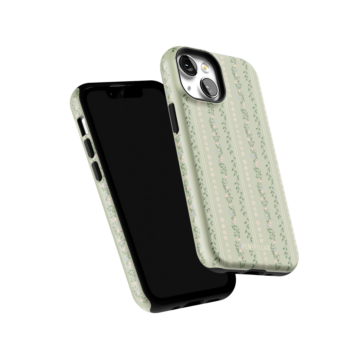 Camellia iPhone 13 mini case tilted to show the raised edges around the screen and camera