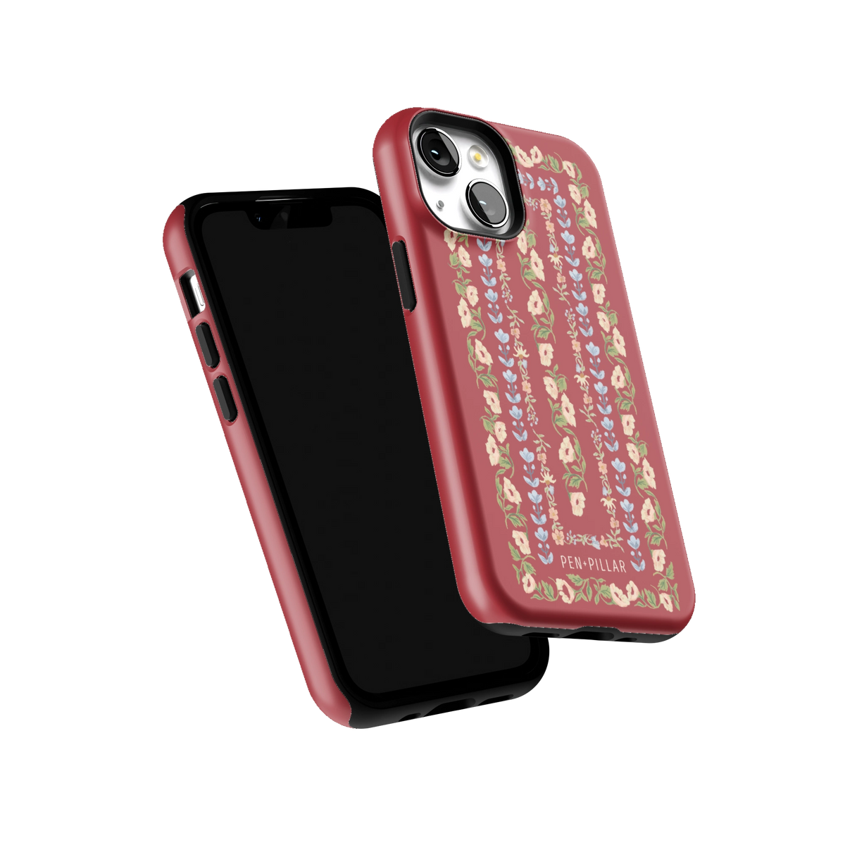 Fiona iPhone 13 mini case tilted to show the raised edges around the screen and camera