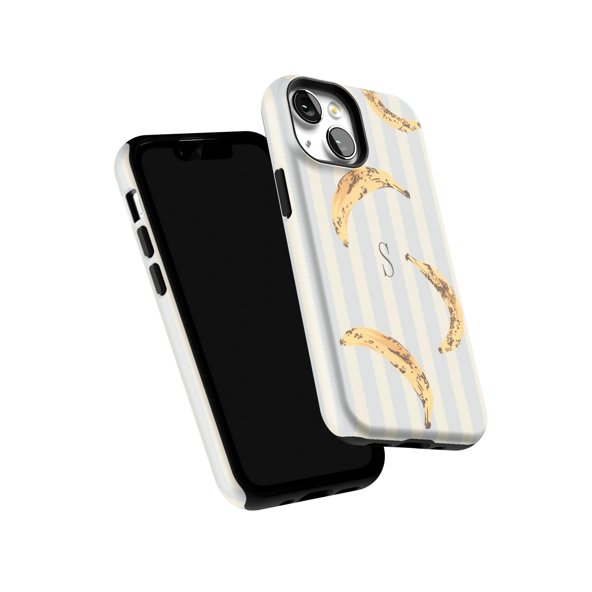 Striped Bananas Personalized iPhone 13 mini case tilted to show the raised edges around the screen and camera