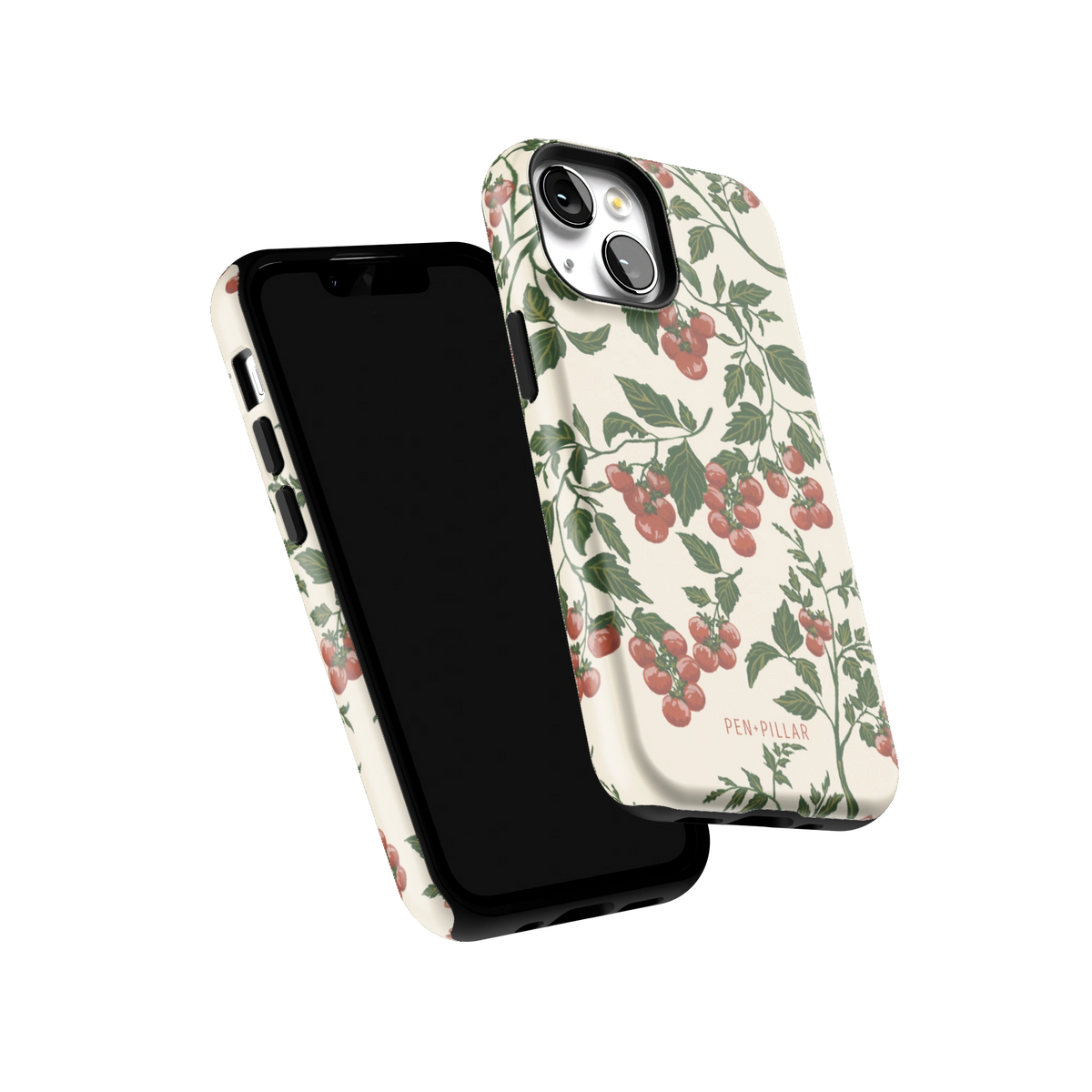 Tomato Vines iPhone 13 mini case tilted to show the raised edges around the screen and camera