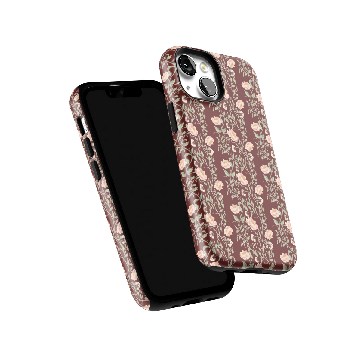 Thicket iPhone 13 mini case tilted to show the raised edges around the screen and camera