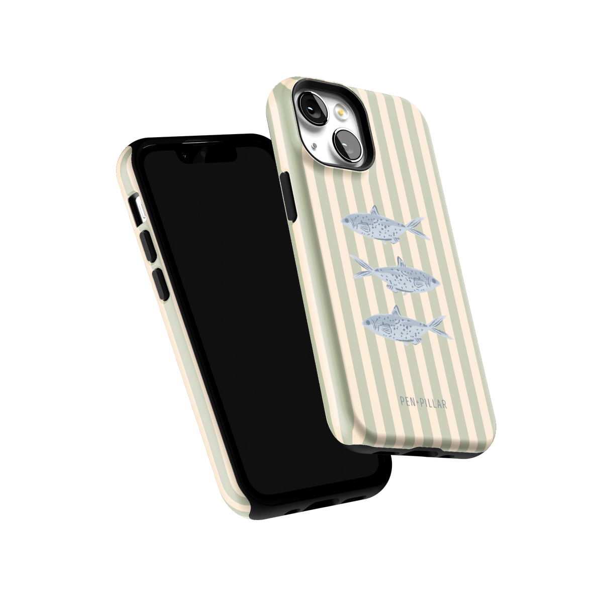 Sea Stripes iPhone 13 mini case tilted to show the raised edges around the screen and camera