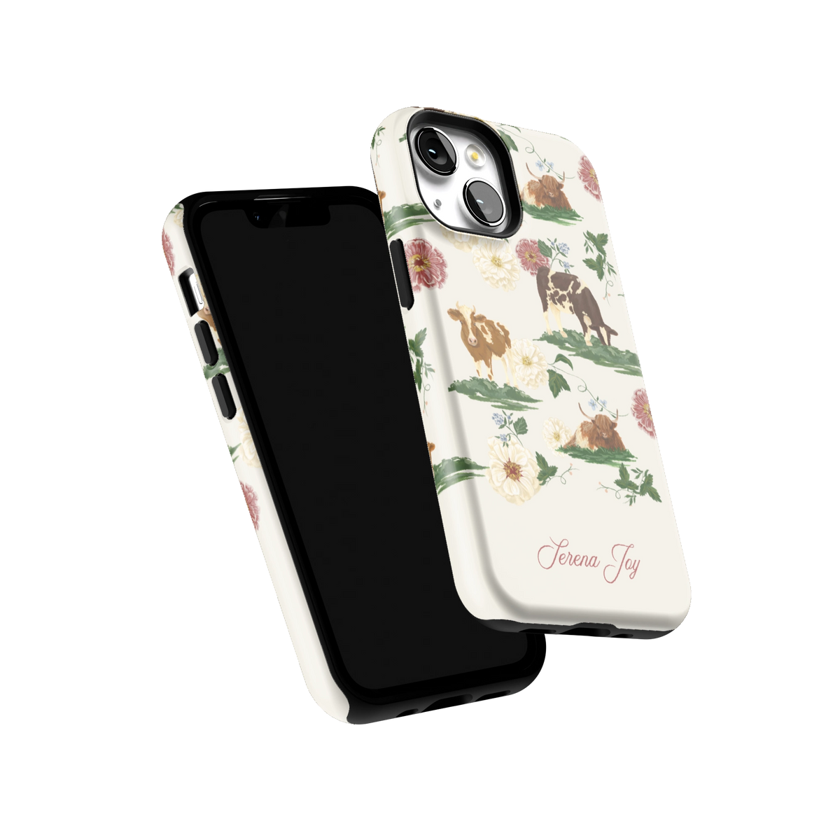Pasture Personalized iPhone 13 mini case tilted to show the raised edges around the screen and camera