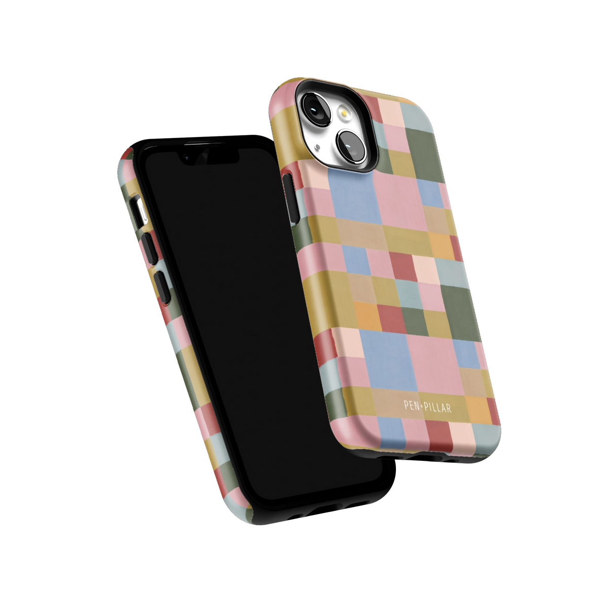 Colorblock iPhone 13 mini case tilted to show the raised edges around the screen and camera