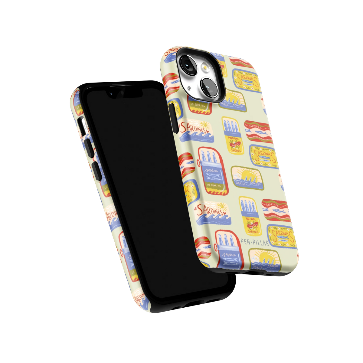 Sardines iPhone 13 mini case tilted to show the raised edges around the screen and camera