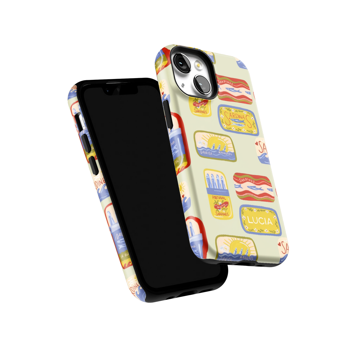Sardines Personalized iPhone 13 mini case tilted to show the raised edges around the screen and camera