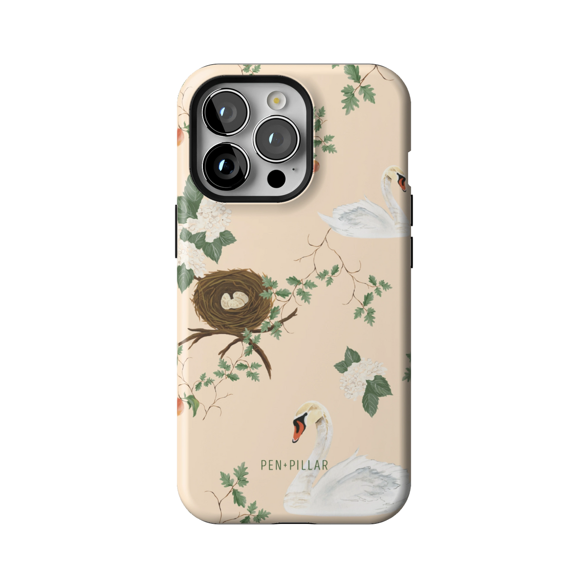 Swan Hollow case on iPhone 13 Pro, back view: swans, a bird's nest and trailing greenery on cream