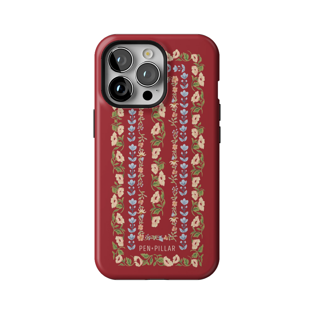 Fiona case on iPhone 13 Pro, back view: ornate floral stripes in cream, blush and blue on rich red