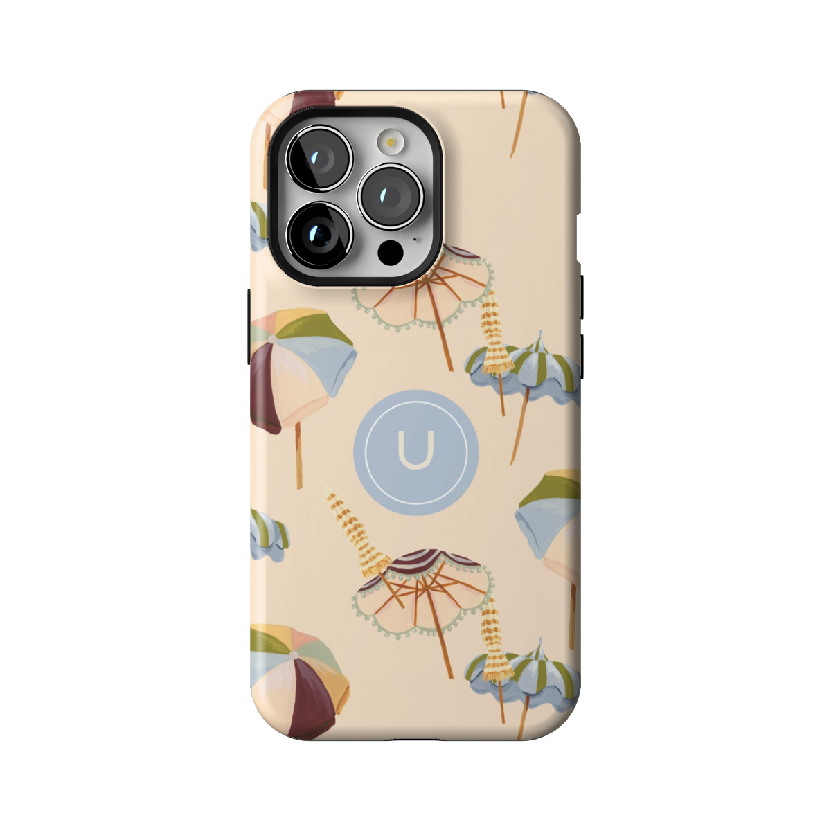 Umbrellas Personalized case on iPhone 13 Pro, back view: striped beach umbrellas and loungers on warm sand with the initial U