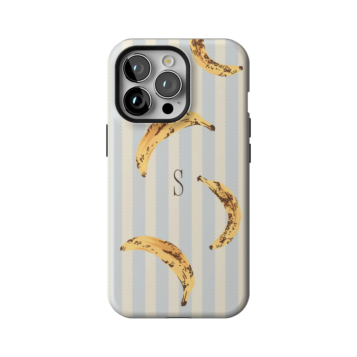Striped Bananas Personalized case on iPhone 13 Pro, back view: ripe bananas on pale blue and cream stripes with the initial S