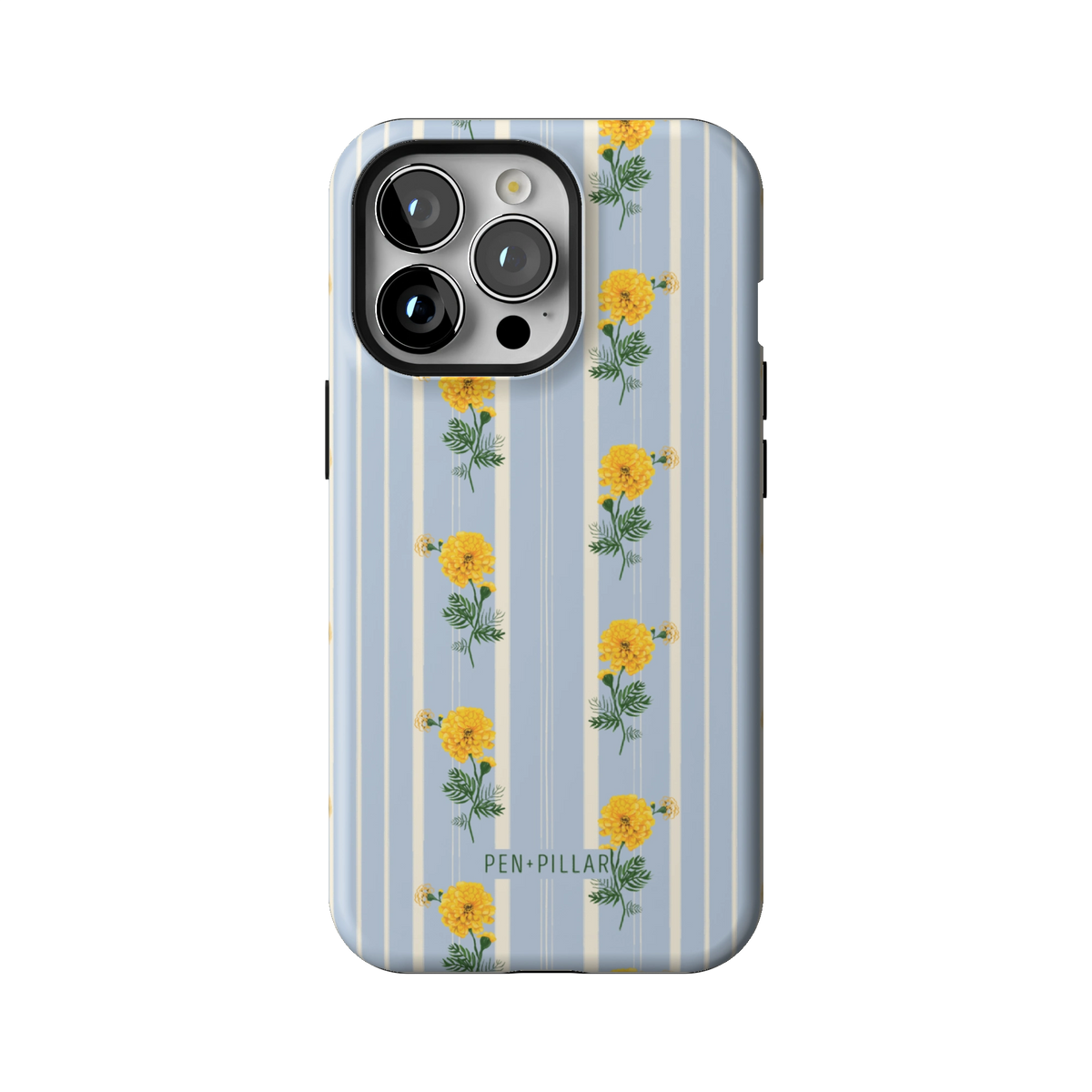 October Birth Month case on iPhone 13 Pro, back view: yellow marigolds on blue and cream stripes