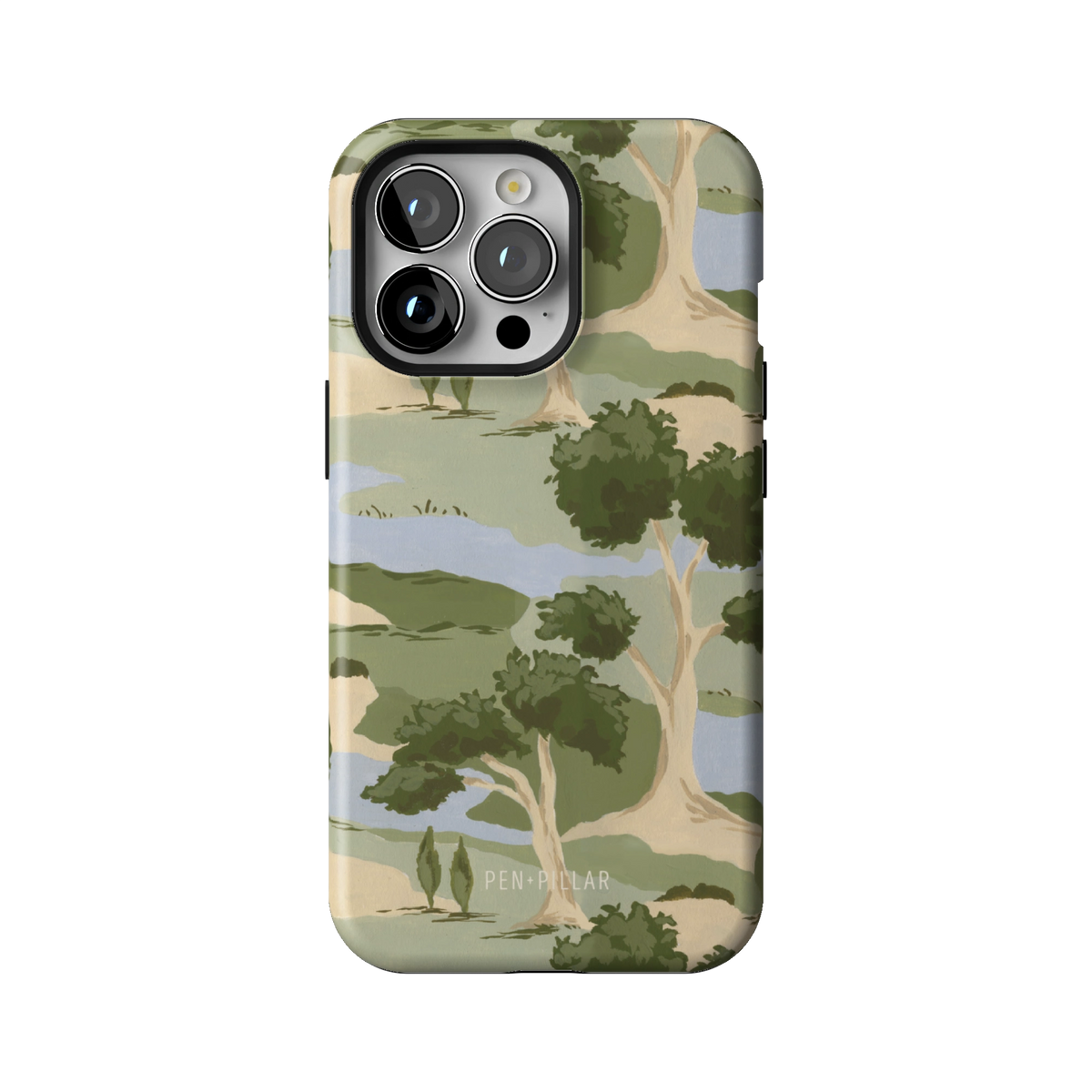 Orchard case on iPhone 13 Pro, back view: rolling green trees and winding blue streams on cream