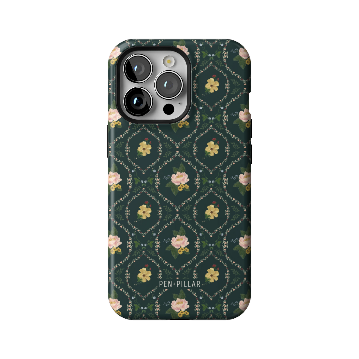 Meadow case on iPhone 13 Pro, back view: small yellow and pink flowers in a diamond trellis on deep green